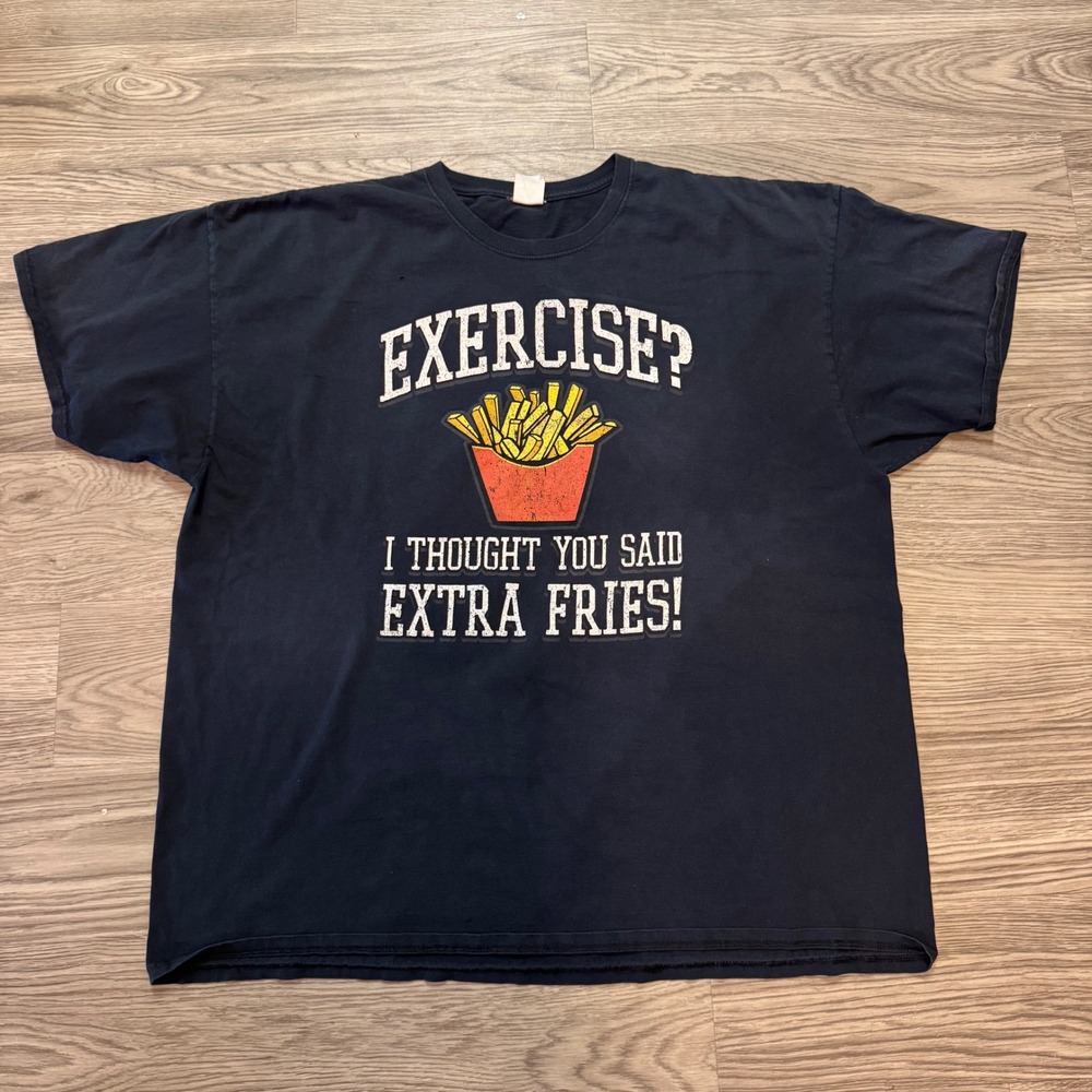 Vintage Y2K Fruit of the Loom Extra Fries Graphic T-Shirt Black Mens 3XL Baggy
